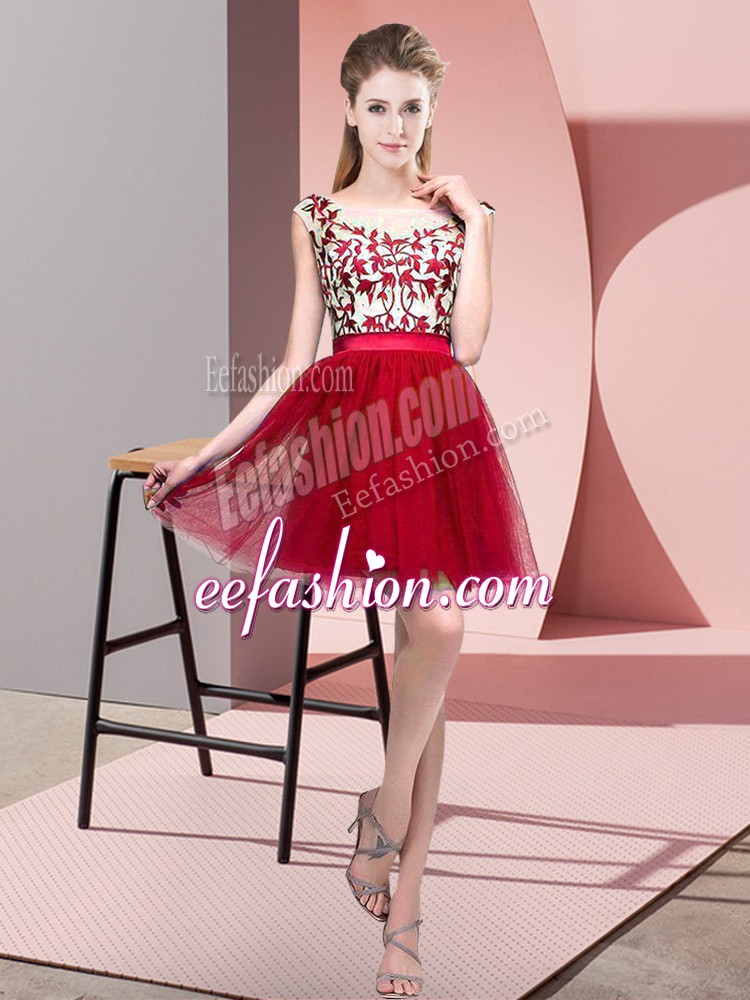  Wine Red Dama Dress for Quinceanera Wedding Party with Lace Bateau Sleeveless Zipper