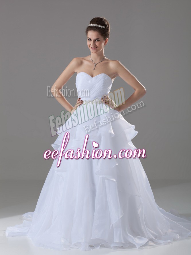  White Lace Up Sweetheart Beading and Ruffles Bridal Gown Organza Sleeveless Brush Train