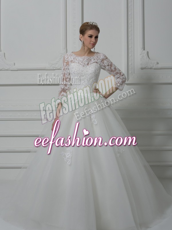 Pretty White 3 4 Length Sleeve Tulle Brush Train Lace Up Wedding Gowns for Wedding Party
