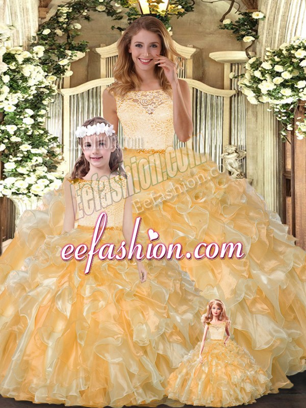 Admirable Scoop Sleeveless Clasp Handle Quince Ball Gowns Gold Organza
