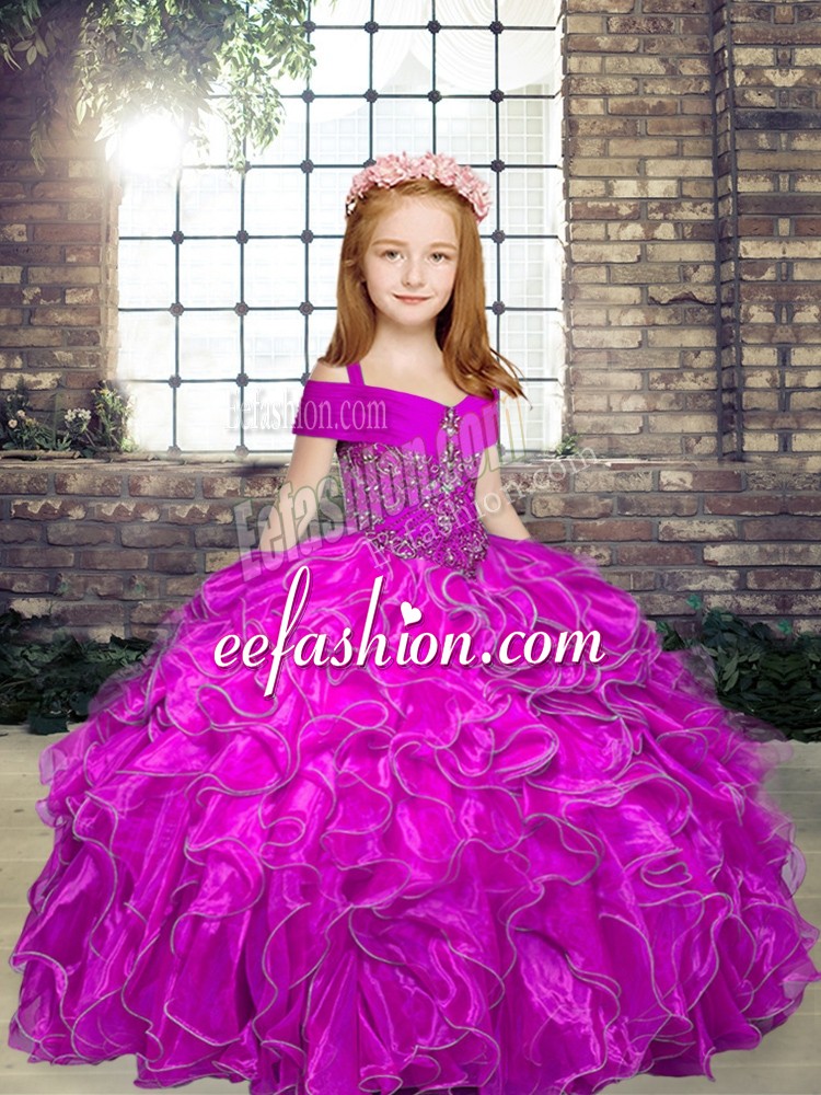 Beautiful Floor Length Fuchsia Little Girls Pageant Dress Wholesale Straps Sleeveless Lace Up