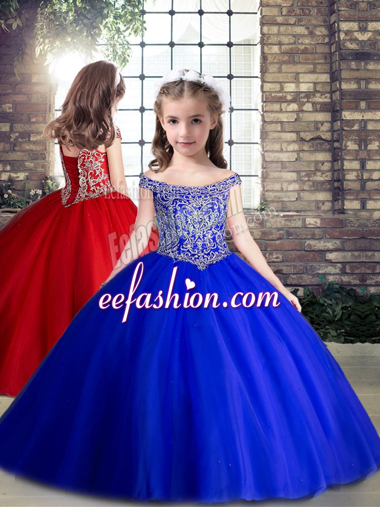 Lovely Off The Shoulder Sleeveless Little Girl Pageant Dress Floor Length Beading Royal Blue Tulle