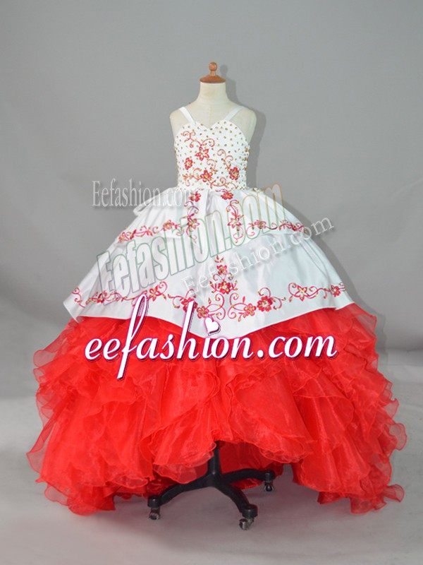  Satin and Organza Straps Sleeveless Sweep Train Lace Up Beading and Embroidery and Ruffles Little Girls Pageant Dress Wholesale in White And Red 