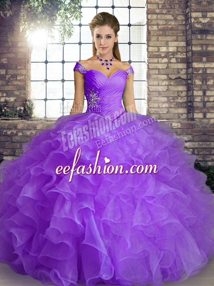 Lovely Sleeveless Beading and Ruffles Lace Up Ball Gown Prom Dress