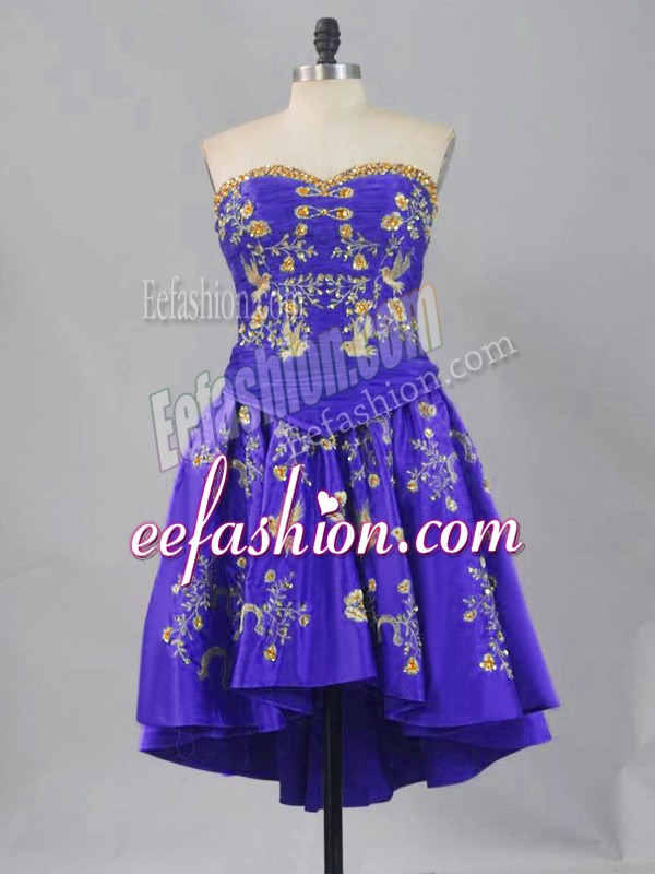 Hot Selling Purple A-line Sweetheart Sleeveless Mini Length Lace Up Embroidery Dress for Prom