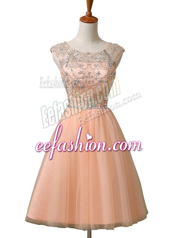 Dramatic Peach Zipper Dress for Prom Beading Sleeveless Mini Length