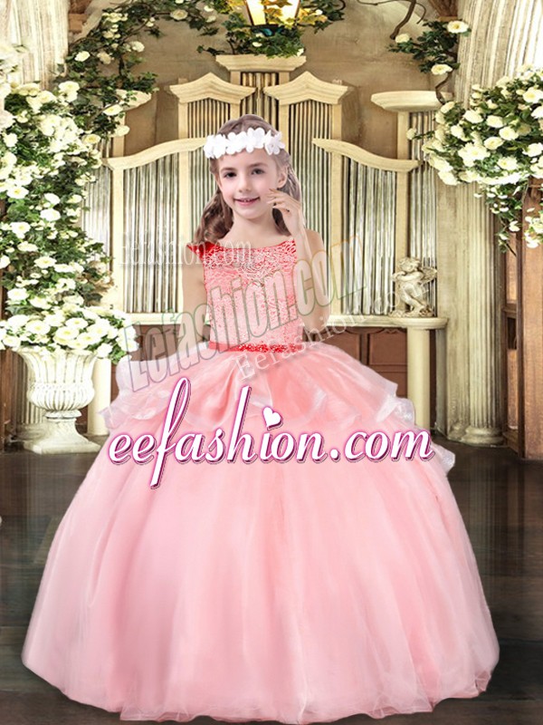  Baby Pink Organza Zipper Little Girl Pageant Dress Sleeveless Floor Length Beading