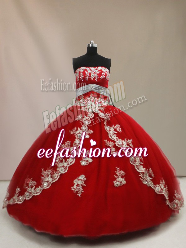 Beautiful Floor Length Red 15 Quinceanera Dress Tulle Sleeveless Appliques