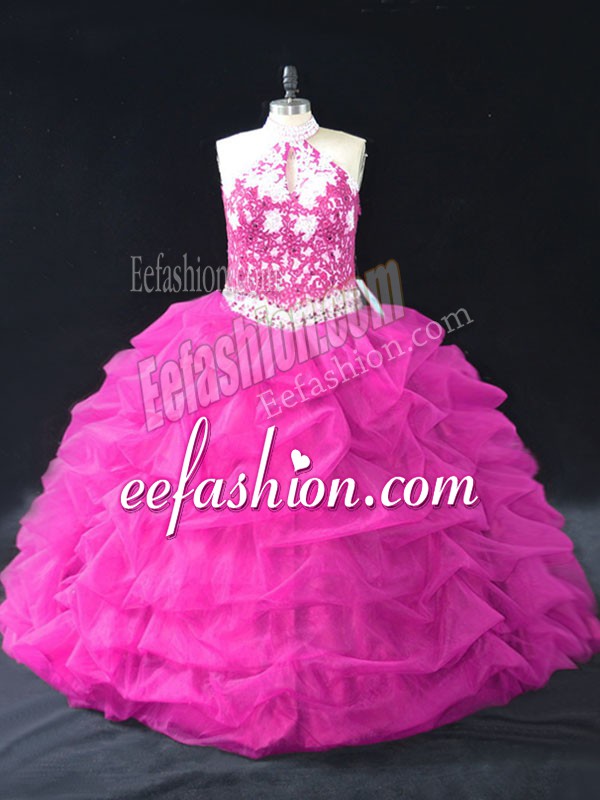  Fuchsia Organza Backless 15 Quinceanera Dress Sleeveless Floor Length Beading and Lace and Pick Ups