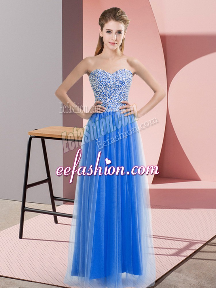  Blue Empire Beading Prom Dresses Lace Up Tulle Sleeveless Floor Length