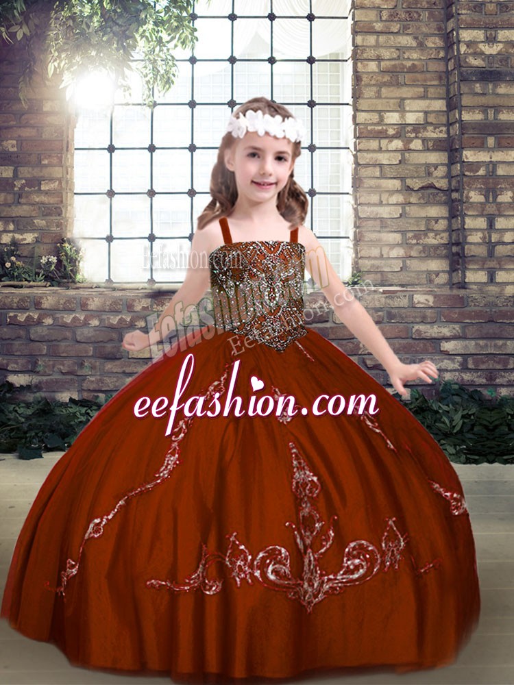  Rust Red Ball Gowns Beading Little Girls Pageant Gowns Lace Up Tulle Sleeveless Floor Length