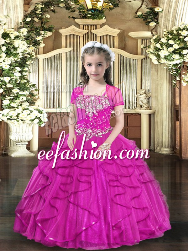 Superior Floor Length Lace Up Kids Formal Wear Fuchsia for Party with Beading