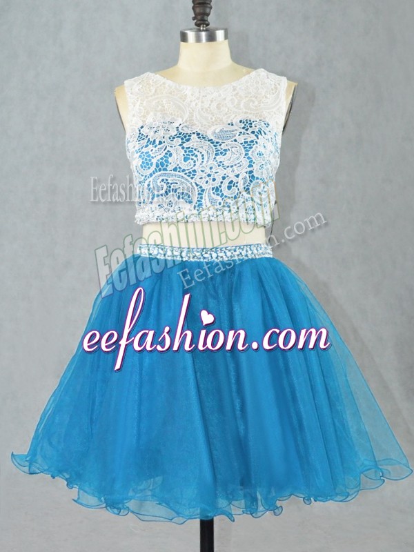 Stylish Organza Scoop Sleeveless Zipper Lace Homecoming Dress in Blue