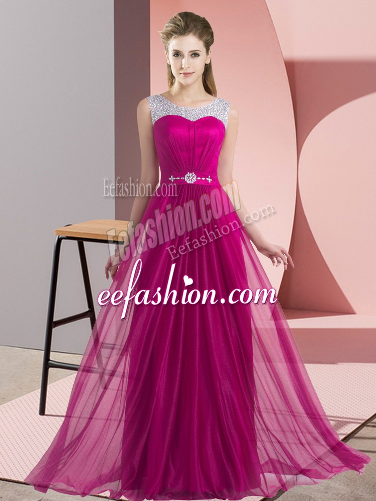  Fuchsia Lace Up Bridesmaid Gown Beading Sleeveless Floor Length