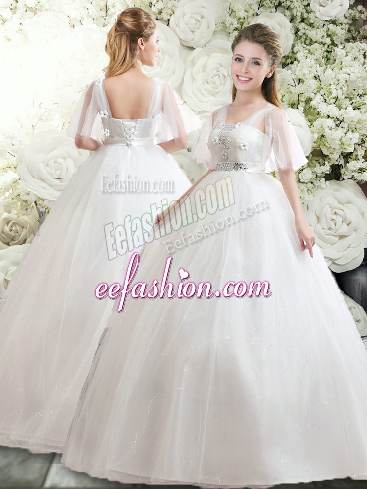 Nice Straps Half Sleeves Tulle Wedding Dresses Beading and Appliques Lace Up