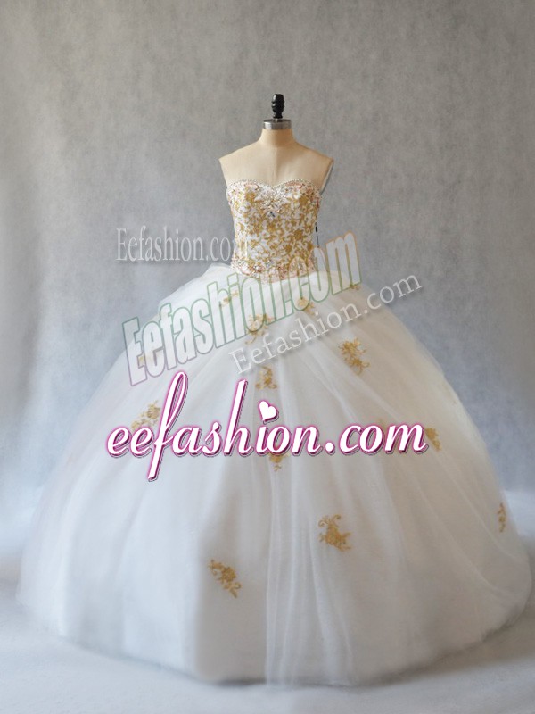 Wonderful Appliques Quince Ball Gowns White Lace Up Sleeveless Brush Train