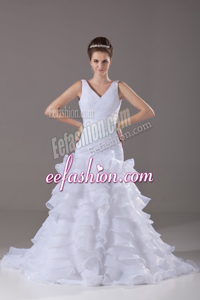 Super White Lace Up V-neck Ruffled Layers Bridal Gown Organza Sleeveless Brush Train