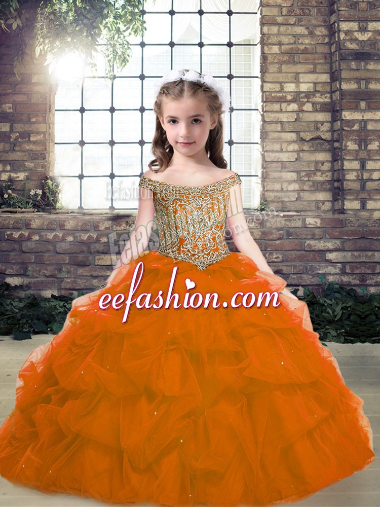 Gorgeous Orange Red Ball Gowns Organza Off The Shoulder Sleeveless Beading Floor Length Lace Up Little Girls Pageant Dress
