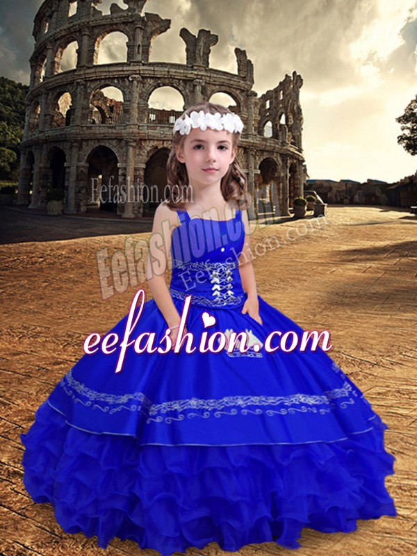 Dramatic Ball Gowns Little Girls Pageant Dress Wholesale Royal Blue Straps Satin and Organza Sleeveless Floor Length Zipper