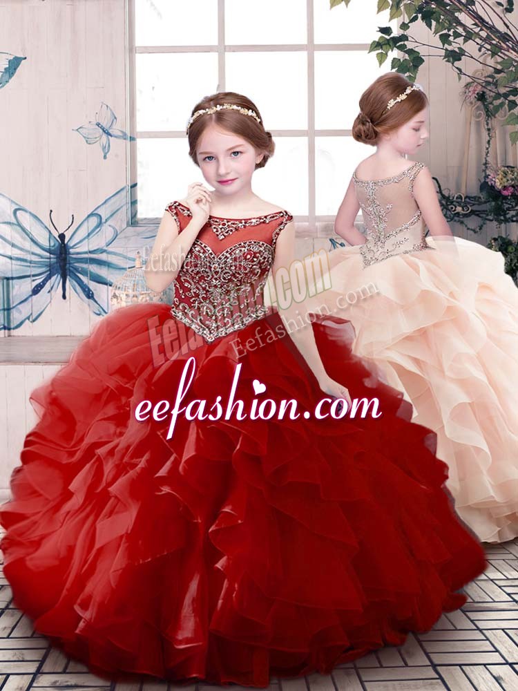 Discount Red Sleeveless Organza Zipper Kids Pageant Dress for Party and Sweet 16 and Wedding Party