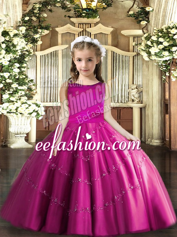 Amazing Fuchsia Ball Gowns Scoop Sleeveless Tulle Floor Length Lace Up Beading Kids Formal Wear