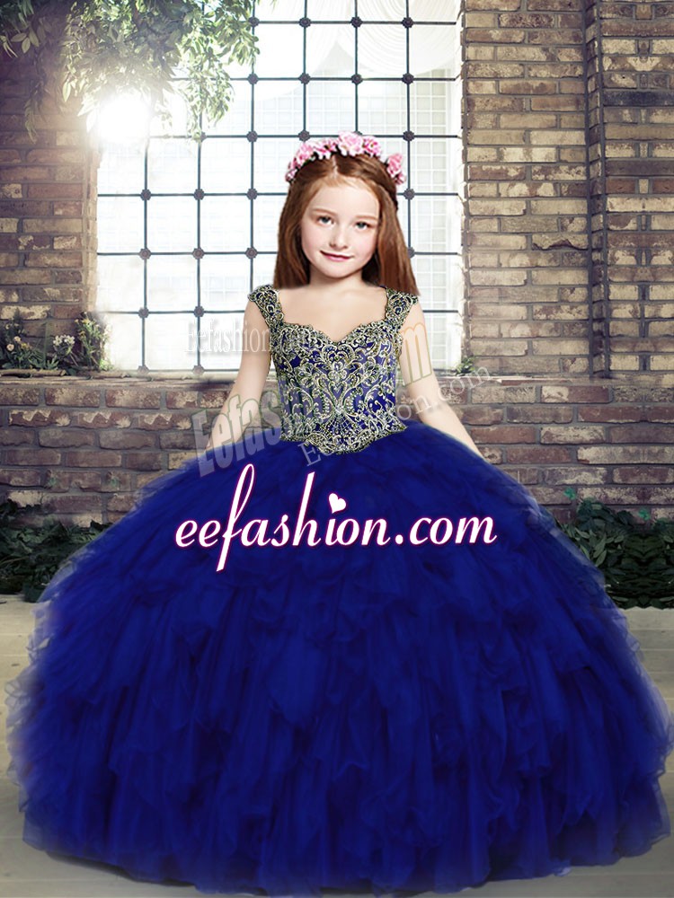  Tulle Straps Sleeveless Lace Up Beading and Ruffles Girls Pageant Dresses in Royal Blue