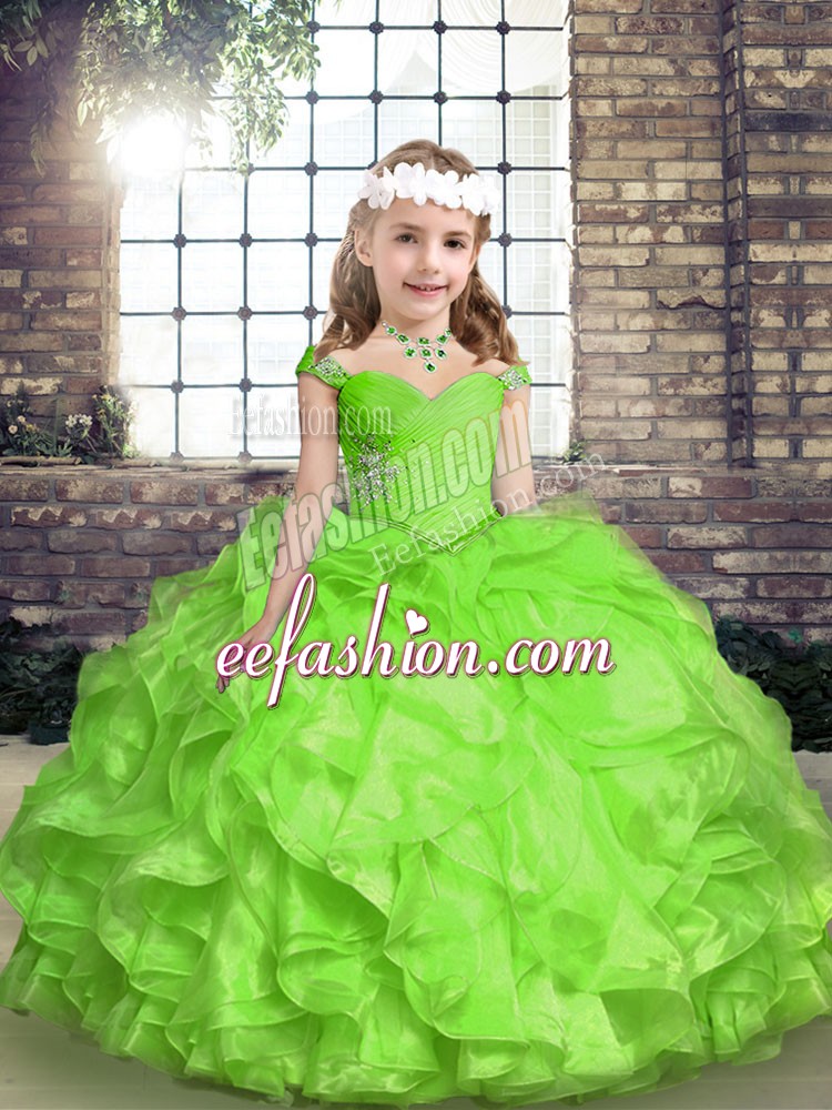  Spaghetti Straps Sleeveless Organza Custom Made Pageant Dress Beading and Ruffles and Ruching Lace Up
