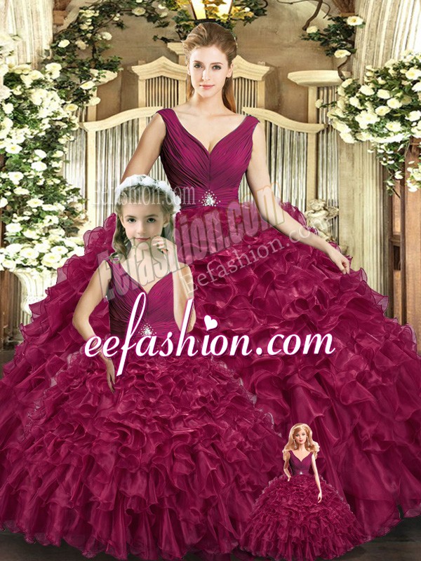 Burgundy 15th Birthday Dress For with Beading and Ruffles V-neck Sleeveless Backless