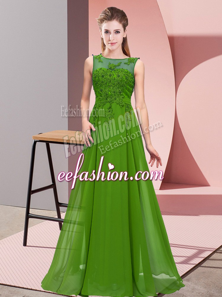 Low Price Sleeveless Floor Length Beading and Appliques Zipper Damas Dress with Green