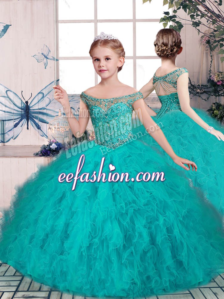  Beading Girls Pageant Dresses Teal Lace Up Sleeveless Floor Length