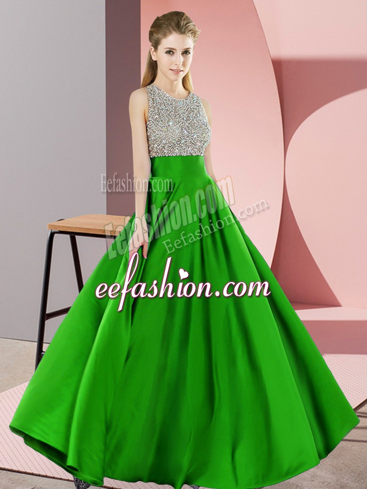 Comfortable Green Empire Elastic Woven Satin Scoop Sleeveless Beading Floor Length Backless Evening Dress