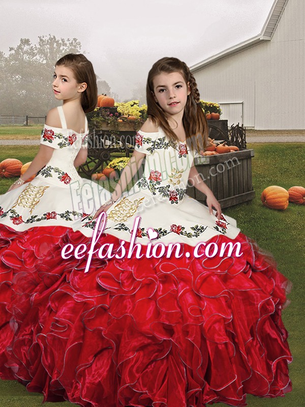  Sleeveless Organza Floor Length Lace Up Kids Pageant Dress in Red with Embroidery and Ruffles