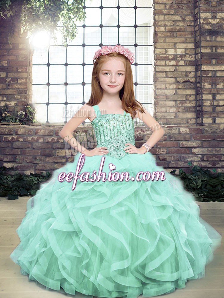  Ball Gowns Kids Pageant Dress Apple Green Straps Tulle Sleeveless Floor Length Lace Up