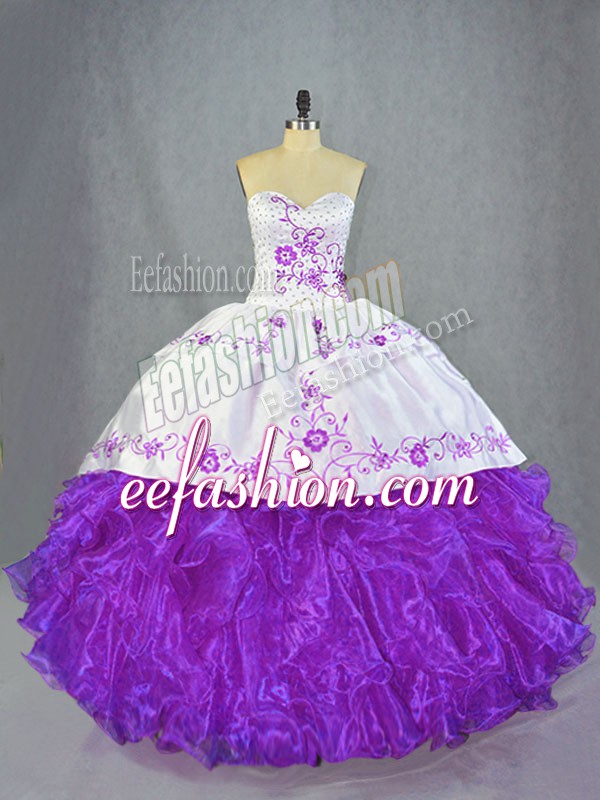Elegant Purple Organza Lace Up Quince Ball Gowns Sleeveless Brush Train Beading and Ruffles
