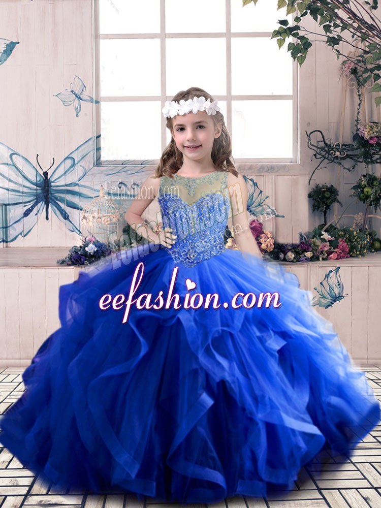  Floor Length Royal Blue Little Girl Pageant Dress Tulle Sleeveless Beading and Ruffles