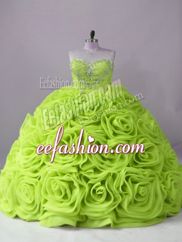 Flare Sleeveless Fabric With Rolling Flowers Brush Train Lace Up Quinceanera Dress in Yellow Green with Beading