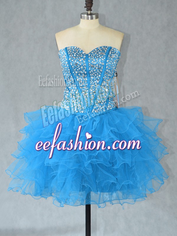  Baby Blue Sleeveless Organza Lace Up Prom Gown for Prom and Party