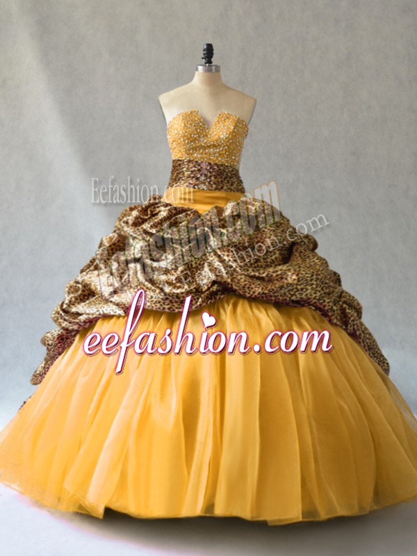 Beautiful Gold Quinceanera Gown V-neck Sleeveless Brush Train Lace Up