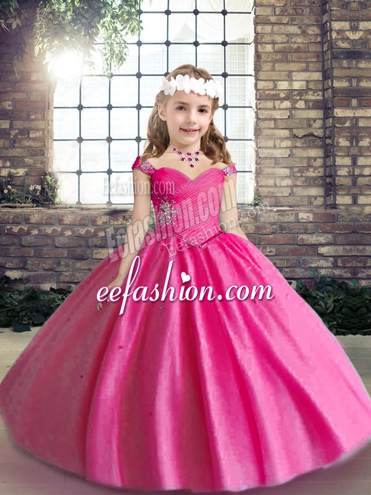  Hot Pink Ball Gowns Tulle Straps Sleeveless Beading Floor Length Lace Up Little Girl Pageant Dress