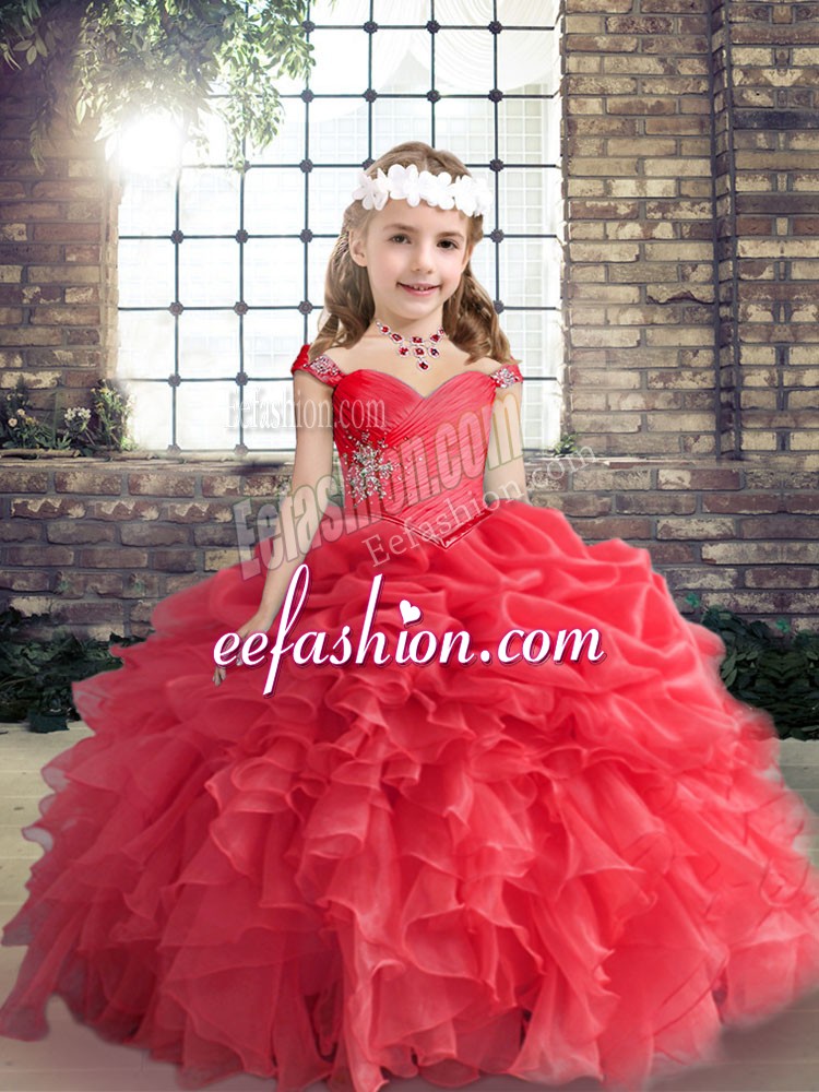 Fashion Red Straps Neckline Beading Girls Pageant Dresses Sleeveless Lace Up