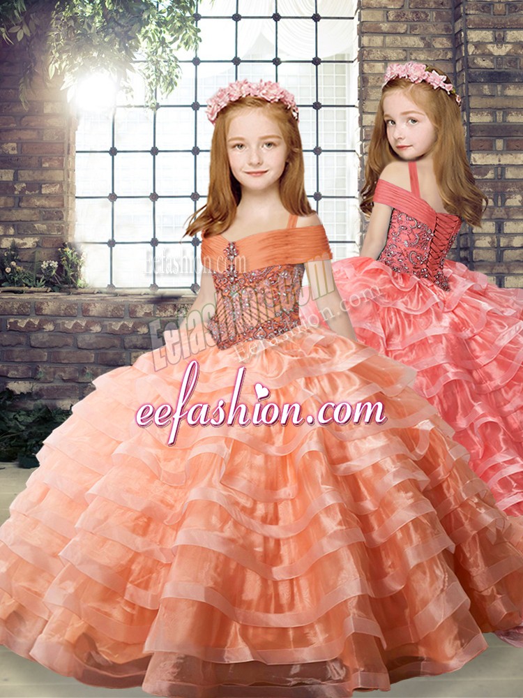  Orange Long Sleeves Organza Brush Train Lace Up Pageant Gowns For Girls for Party and Wedding Party