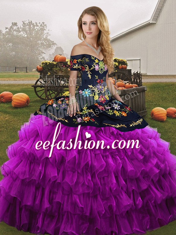 Smart Black And Purple Sleeveless Embroidery and Ruffled Layers Floor Length Quinceanera Gown