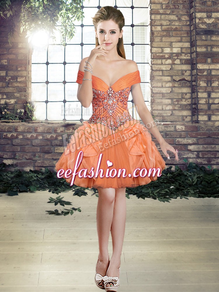 Fancy Orange Ball Gowns Off The Shoulder Sleeveless Tulle Mini Length Lace Up Beading and Ruffles Evening Dress