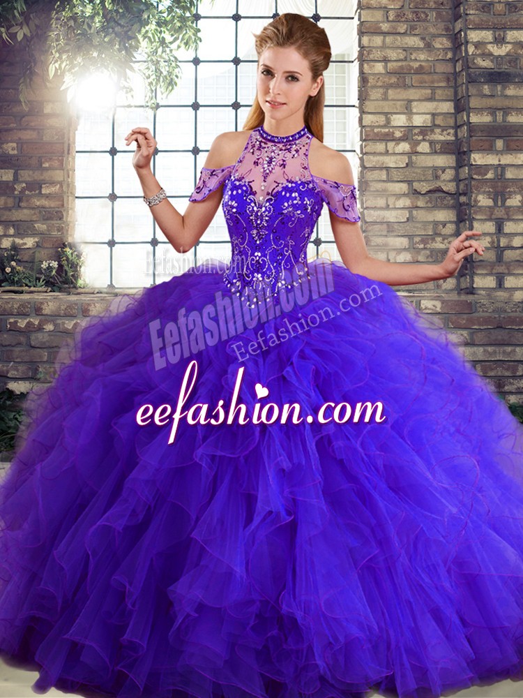 Exceptional Beading and Ruffles Quince Ball Gowns Purple Lace Up Sleeveless Floor Length