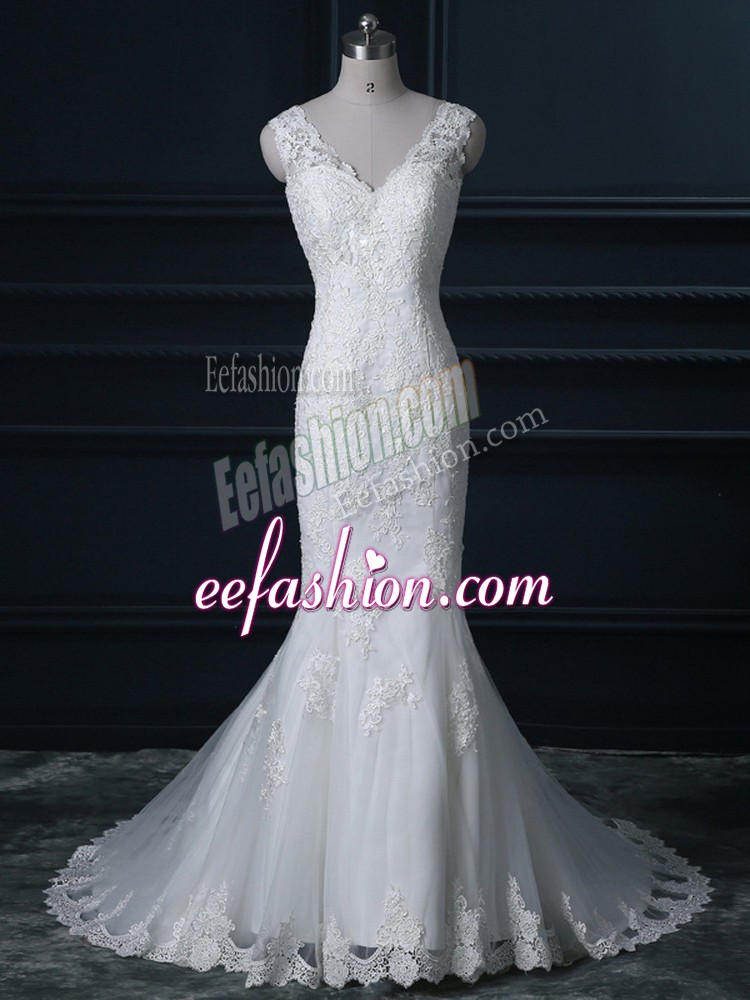 Luxurious White V-neck Backless Lace Bridal Gown Brush Train Sleeveless