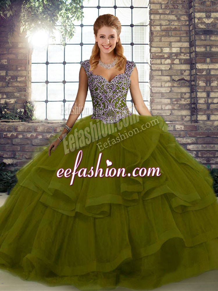  Olive Green Ball Gowns Straps Sleeveless Tulle Floor Length Lace Up Beading and Ruffles Ball Gown Prom Dress