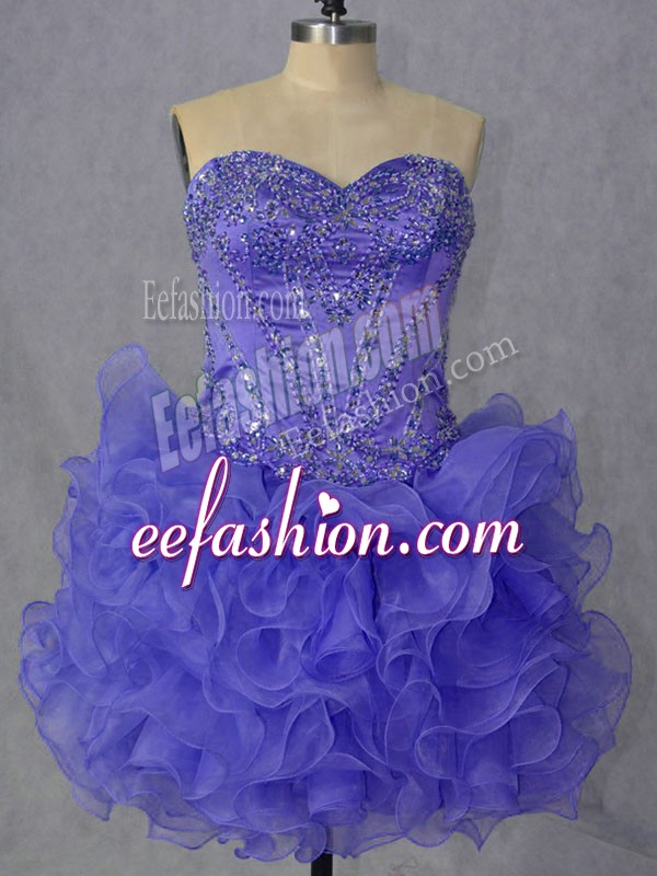 Adorable Lavender Ball Gowns Sweetheart Sleeveless Organza Mini Length Lace Up Beading and Ruffles Homecoming Dress