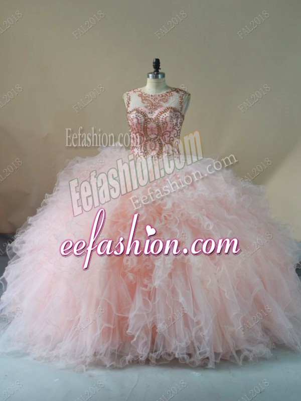 Delicate Peach 15 Quinceanera Dress Scoop Sleeveless Brush Train Lace Up