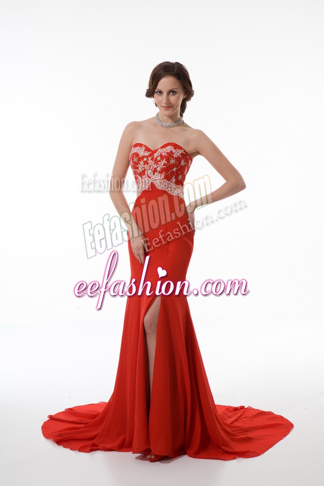  Zipper Prom Dresses Red for Prom and Party and Military Ball with Beading and Appliques Brush Train