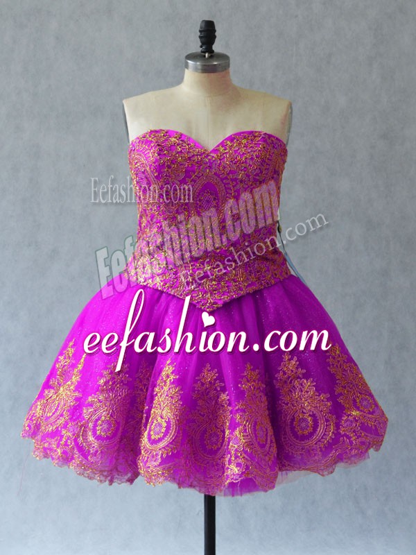 Vintage Sweetheart Sleeveless Prom Dress Mini Length Appliques and Embroidery Fuchsia Tulle